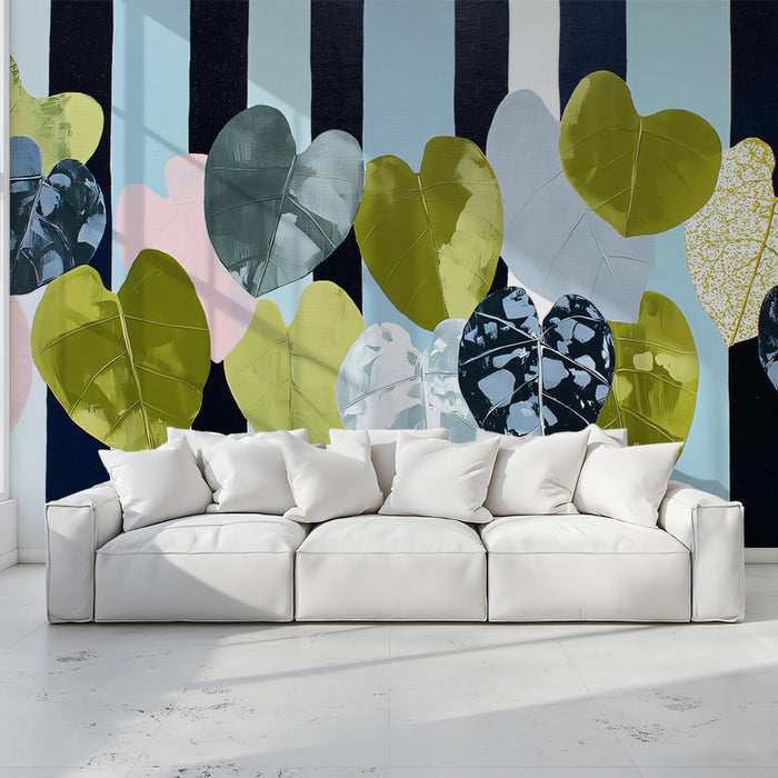 Abstract Heart Leaf Mural | Modern Navy and Light Blue Striped Wallpaper