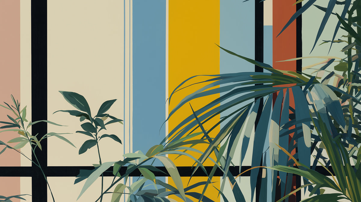 Modernist Botanical Block Mural | Artistic Palm Leaf Geometric Wallpaper