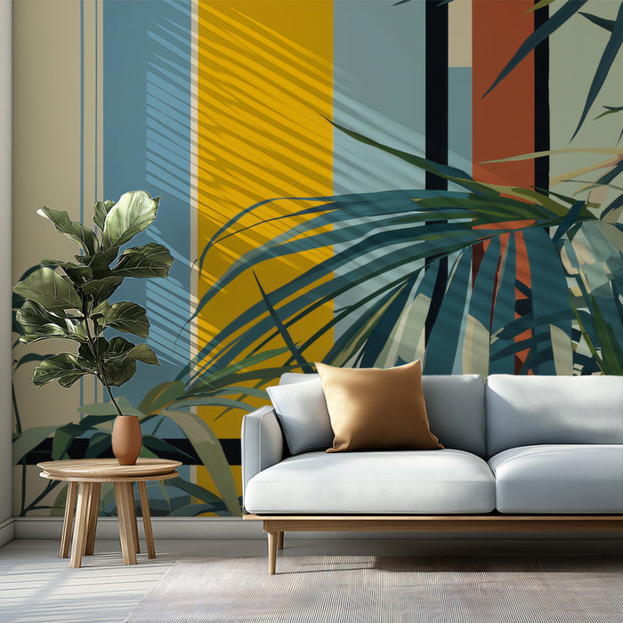 Modernist Botanical Block Mural | Artistic Palm Leaf Geometric Wallpaper