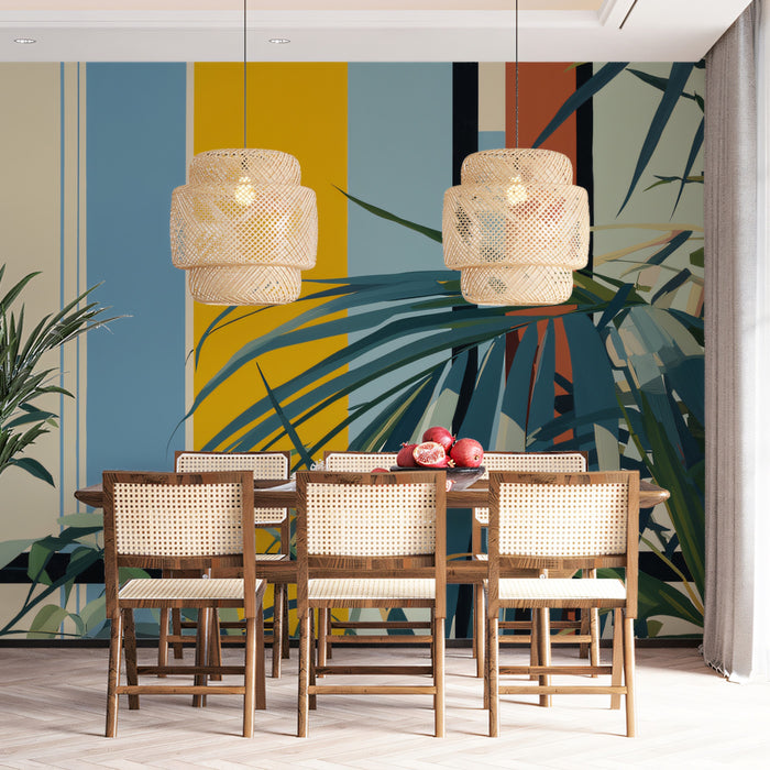 Modernist Botanical Block Mural | Artistic Palm Leaf Geometric Wallpaper
