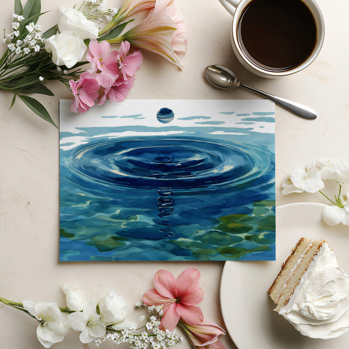 Zen Watercolor Water Ripple Mural | Serene Blue Lake Droplet Wallpaper