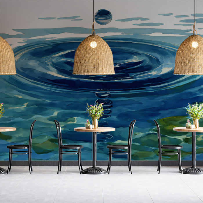 Zen Watercolor Water Ripple Mural | Serene Blue Lake Droplet Wallpaper