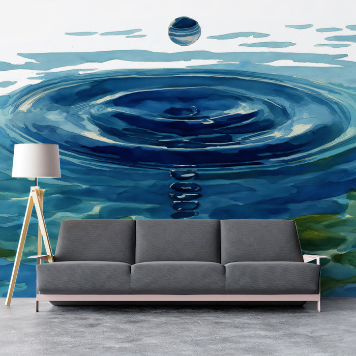 Zen Watercolor Water Ripple Mural | Serene Blue Lake Droplet Wallpaper
