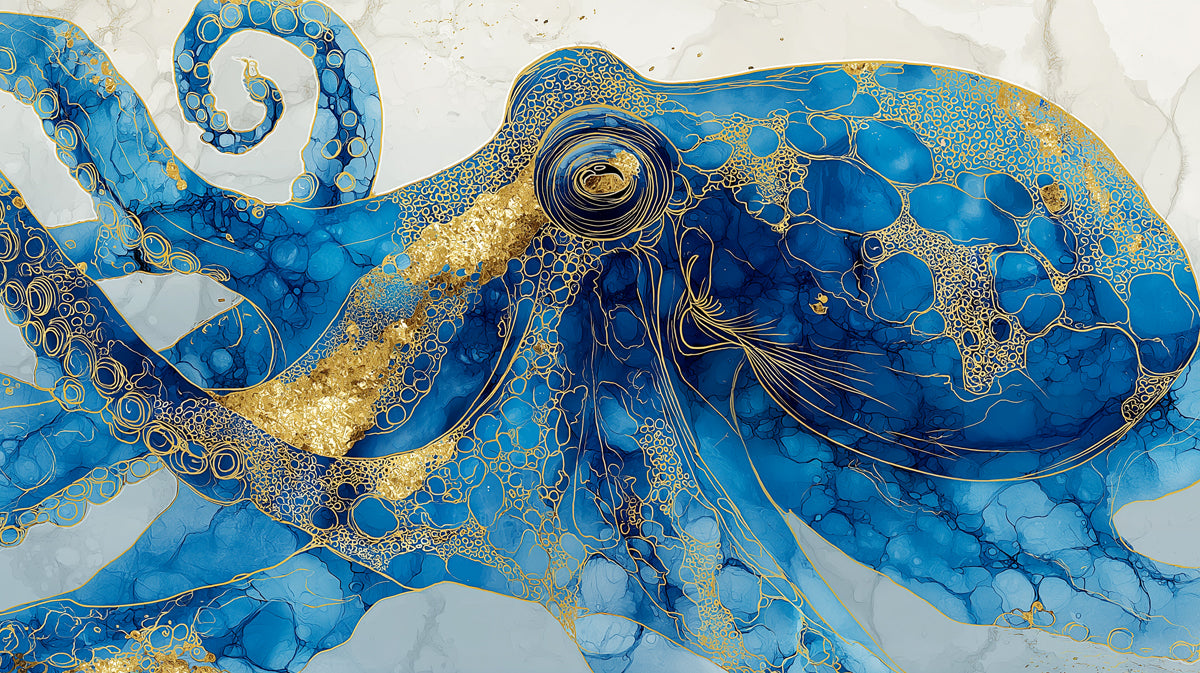 Luxury Blue and Gold Octopus Mural | Marble Fluid Art Statement Wallpaper