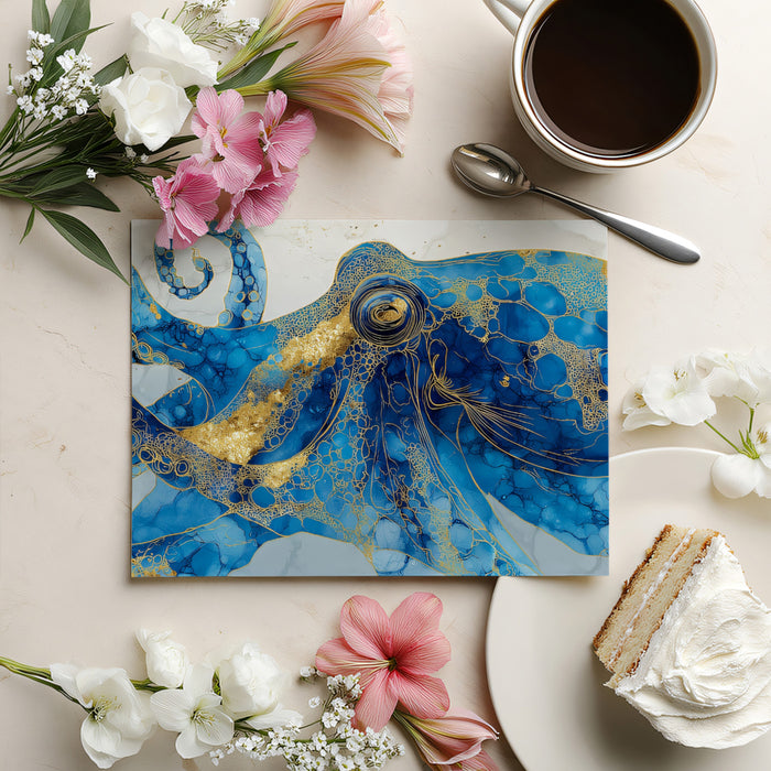 Luxury Blue and Gold Octopus Mural | Marble Fluid Art Statement Wallpaper