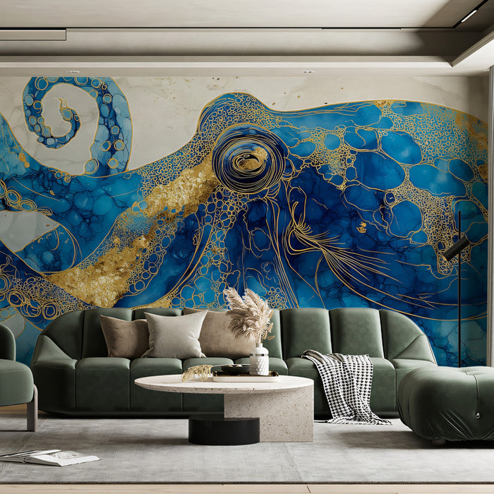 Luxury Blue and Gold Octopus Mural | Marble Fluid Art Statement Wallpaper