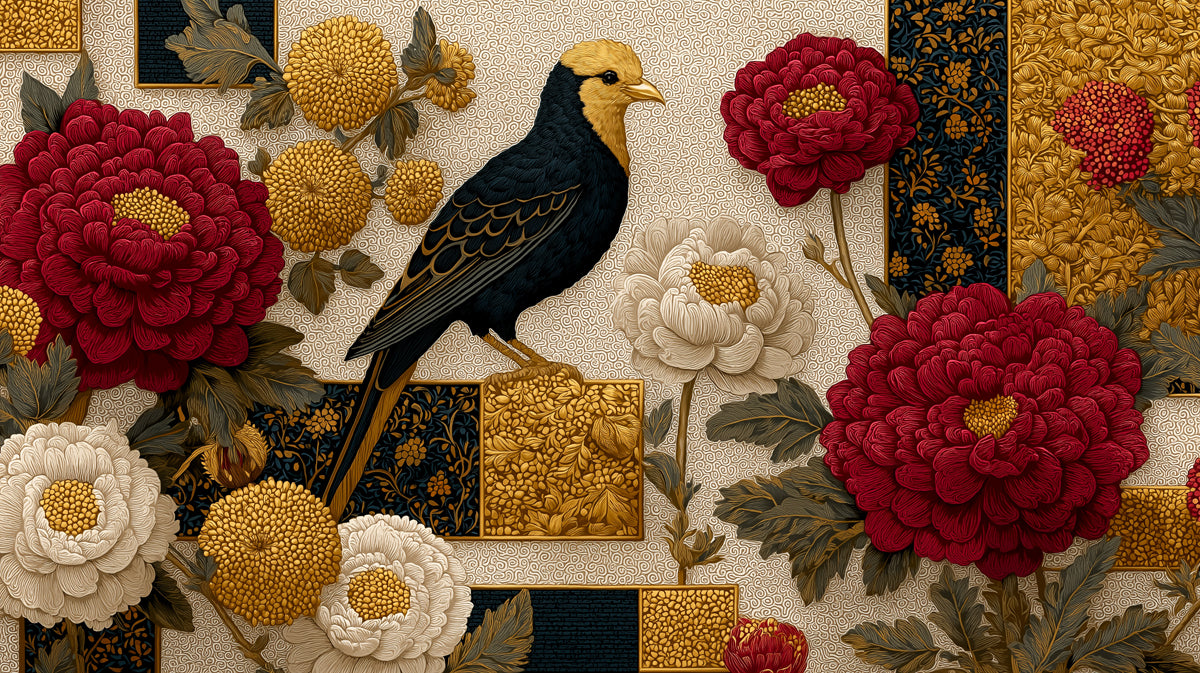 Vintage Chinoiserie Bird and Peony Mural | Traditional Oriental Flower Wallpaper