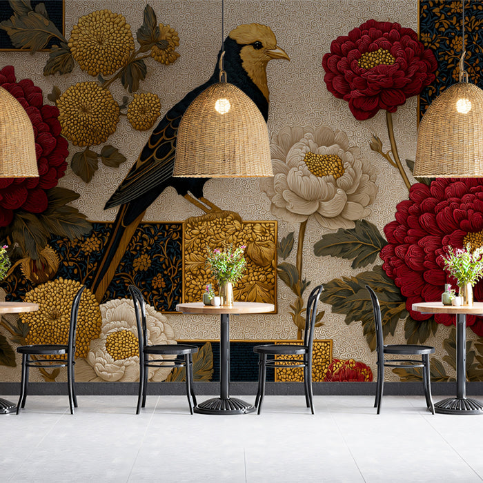 Vintage Chinoiserie Bird and Peony Mural | Traditional Oriental Flower Wallpaper