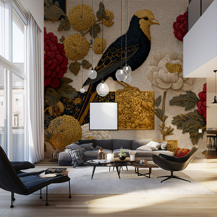 Vintage Chinoiserie Bird and Peony Mural | Traditional Oriental Flower Wallpaper
