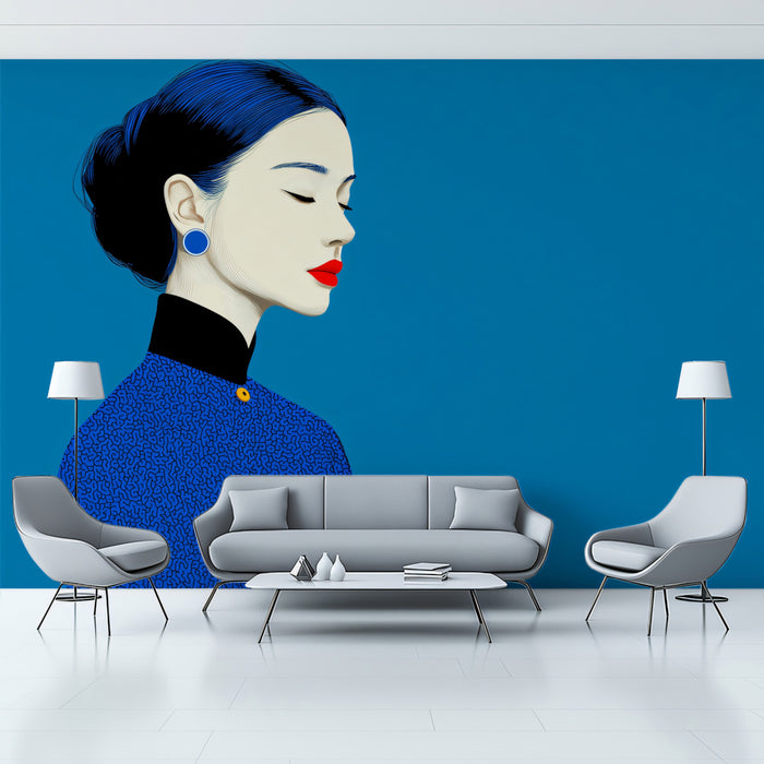 Chic Minimalist Oriental Portrait Mural | Modern Blue Cheongsam Art Wallpaper