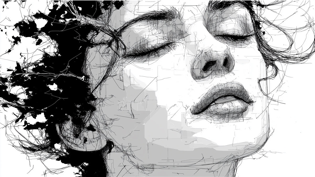 Expressive Ink Sketch Portrait Mural | Black and White Dreamy Face Art Wallpaper