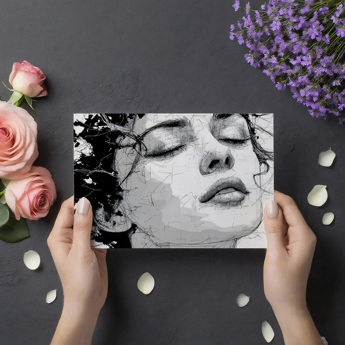 Expressive Ink Sketch Portrait Mural | Black and White Dreamy Face Art Wallpaper
