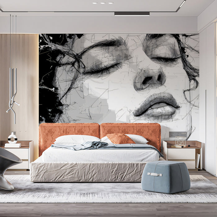 Expressive Ink Sketch Portrait Mural | Black and White Dreamy Face Art Wallpaper