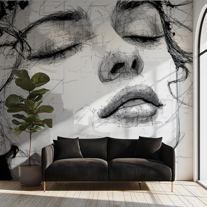 Expressive Ink Sketch Portrait Mural | Black and White Dreamy Face Art Wallpaper