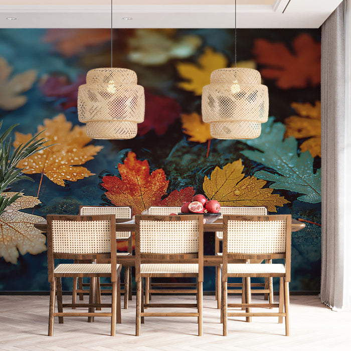 Autumn Rain Fallen Maple Leaves Mural | Moody Earth Tone Nature Wallpaper