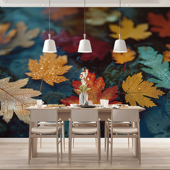 Autumn Rain Fallen Maple Leaves Mural | Moody Earth Tone Nature Wallpaper