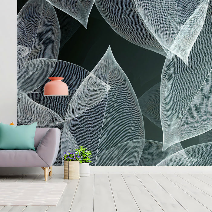 Abstract White Skeleton Leaf Mural | Minimalist Monochrome Botanical Wallpaper