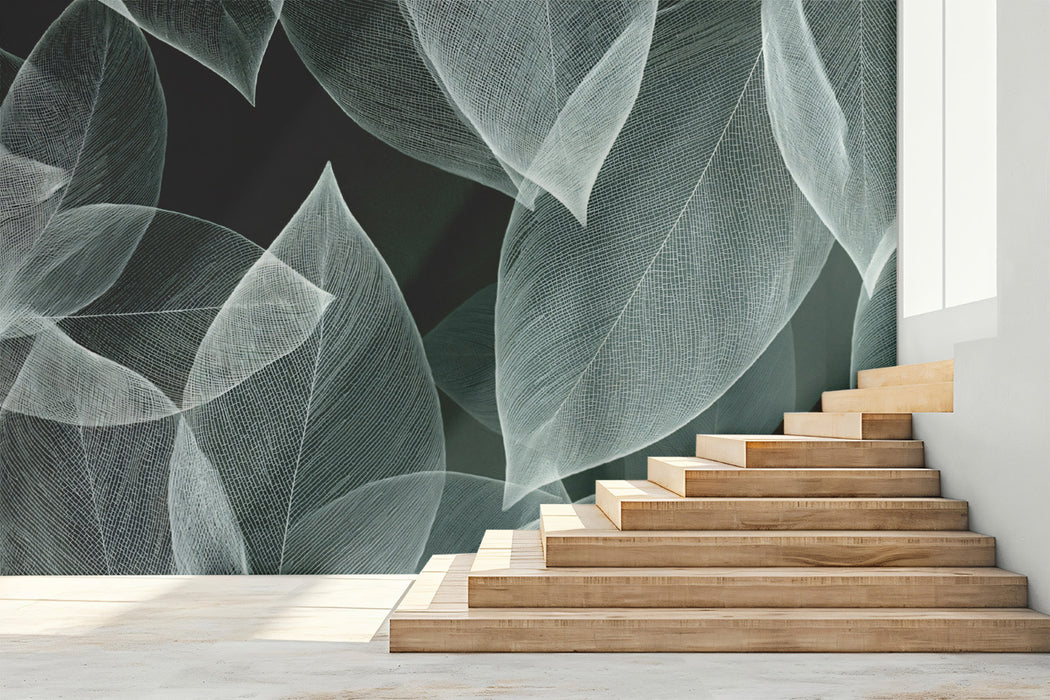 Abstract White Skeleton Leaf Mural | Minimalist Monochrome Botanical Wallpaper