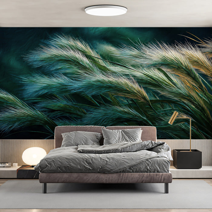 Emerald Flowing Grass Oil Painting Mural | Abstract Textured Nature Wallpaper