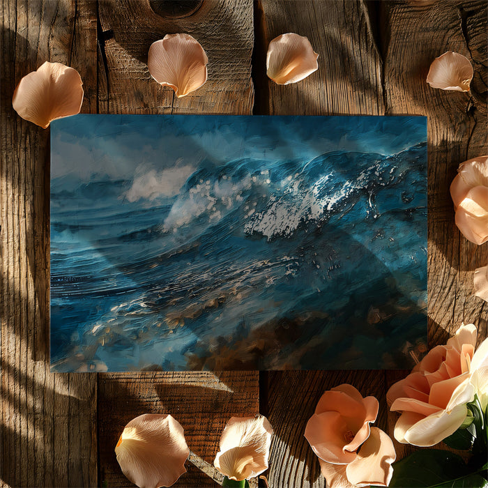 Deep Blue Crashing Ocean Wave Mural | Powerful Impasto Marine Art Wallpaper