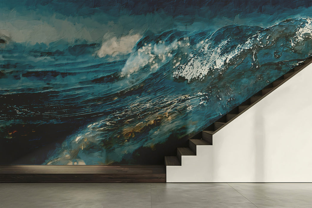 Deep Blue Crashing Ocean Wave Mural | Powerful Impasto Marine Art Wallpaper