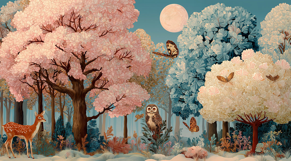 Whimsical Pink Enchanted Forest Mural | Magical Nursery Animal Wallpaper