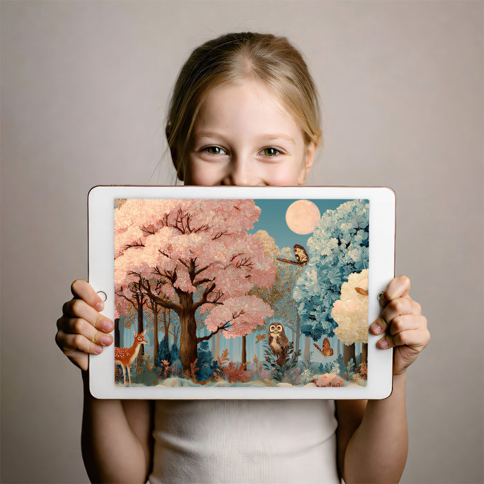 Whimsical Pink Enchanted Forest Mural | Magical Nursery Animal Wallpaper