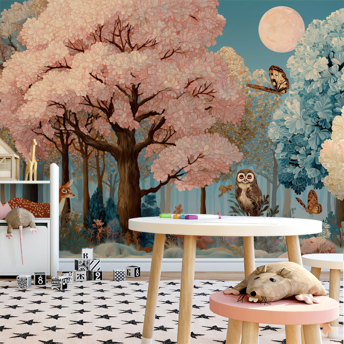 Whimsical Pink Enchanted Forest Mural | Magical Nursery Animal Wallpaper