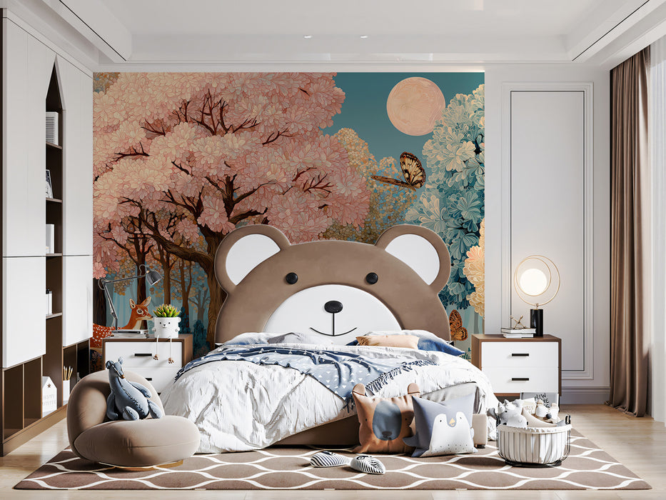 Whimsical Pink Enchanted Forest Mural | Magical Nursery Animal Wallpaper