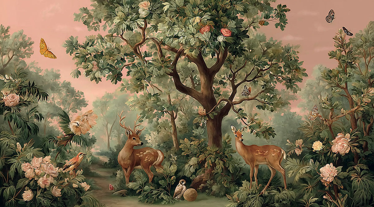 Vintage Botanical Forest and Deer Mural | Classic Nature Illustration Wallpaper