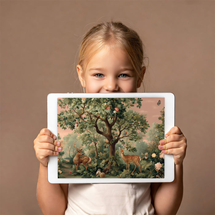 Vintage Botanical Forest and Deer Mural | Classic Nature Illustration Wallpaper