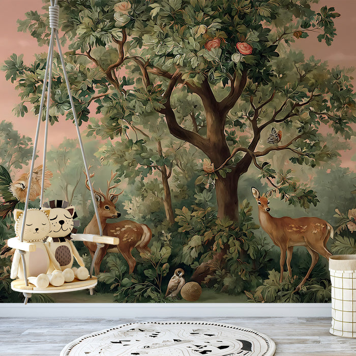 Vintage Botanical Forest and Deer Mural | Classic Nature Illustration Wallpaper