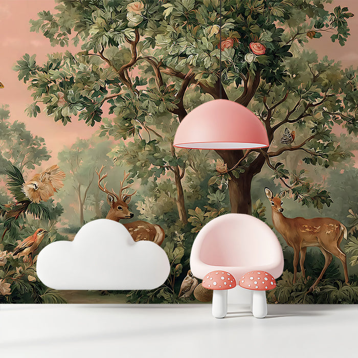 Vintage Botanical Forest and Deer Mural | Classic Nature Illustration Wallpaper