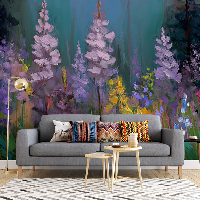 Impressionist Purple Lupine Field Mural | Moody Dusk Floral Art Wallpaper