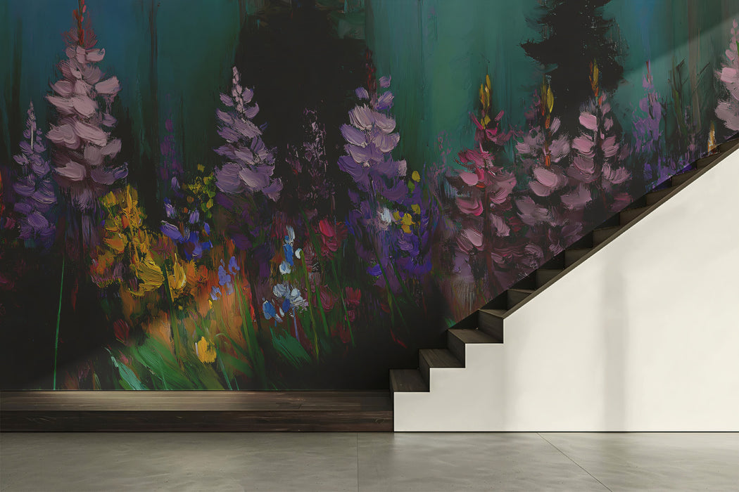 Impressionist Purple Lupine Field Mural | Moody Dusk Floral Art Wallpaper