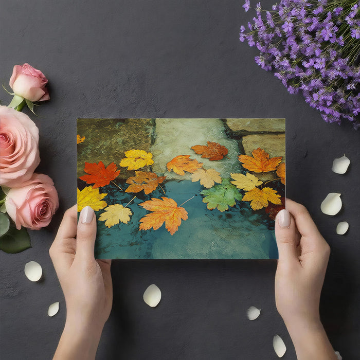 Autumn Maple Leaves on Stone Mural | Calm Nature Reflection Wallpaper