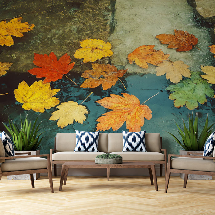 Autumn Maple Leaves on Stone Mural | Calm Nature Reflection Wallpaper