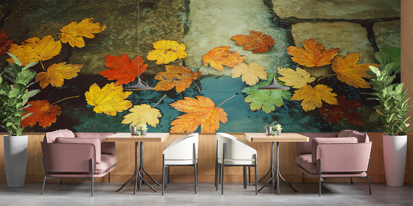 Autumn Maple Leaves on Stone Mural | Calm Nature Reflection Wallpaper