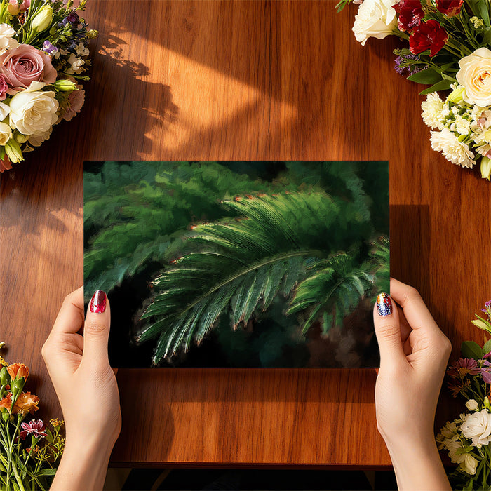 Textured Emerald Tropical Palm Leaf Oil Painting Mural | Lush Botanical Art Wallpaper