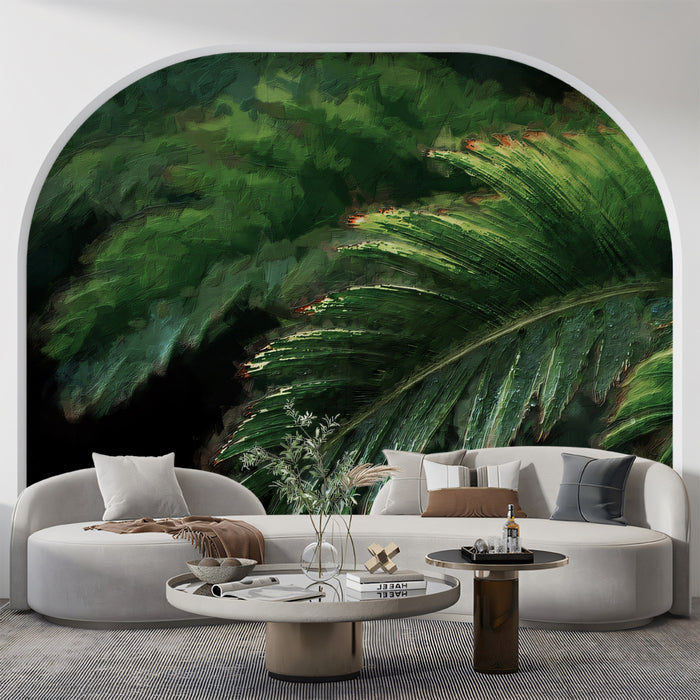 Textured Emerald Tropical Palm Leaf Oil Painting Mural | Lush Botanical Art Wallpaper