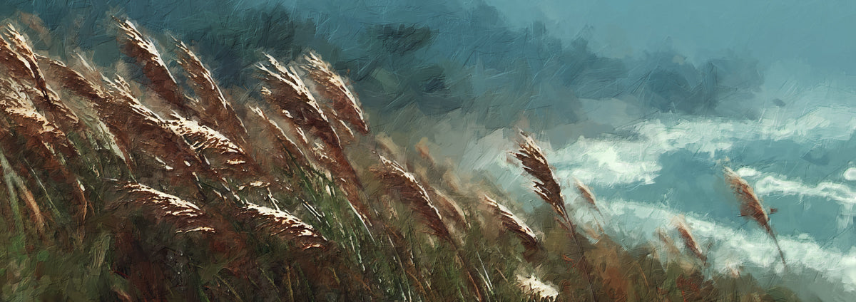 Wind Swept Autumn Pampas Grass Painterly Mural | Moody Coastal Nature Wallpaper