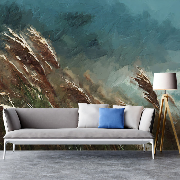 Wind Swept Autumn Pampas Grass Painterly Mural | Moody Coastal Nature Wallpaper