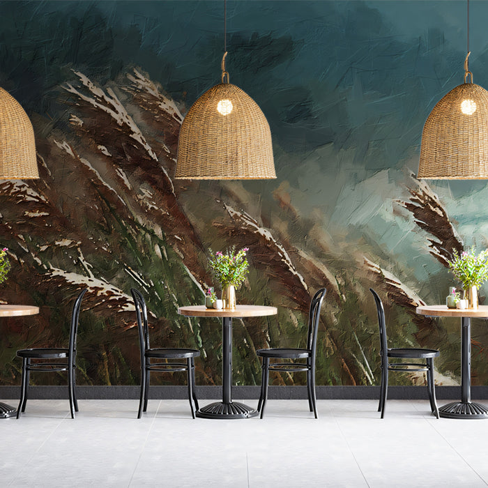 Wind Swept Autumn Pampas Grass Painterly Mural | Moody Coastal Nature Wallpaper