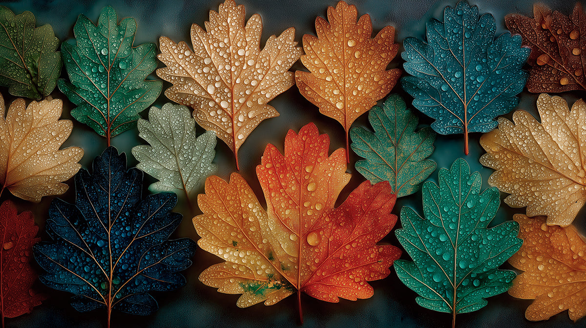 Vibrant Autumn Leaves Pattern with Dew Drops Mural | Nature Pattern Art Wallpaper