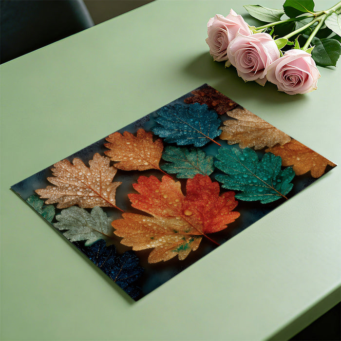 Vibrant Autumn Leaves Pattern with Dew Drops Mural | Nature Pattern Art Wallpaper