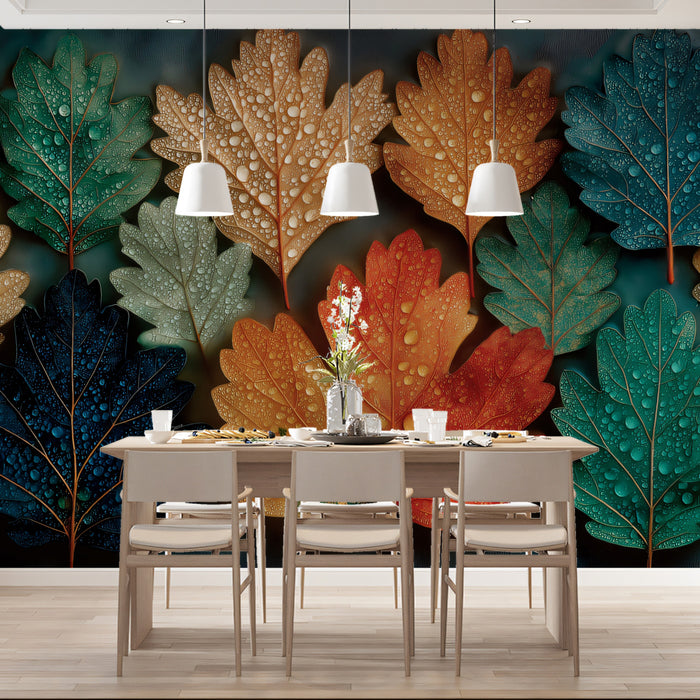 Vibrant Autumn Leaves Pattern with Dew Drops Mural | Nature Pattern Art Wallpaper