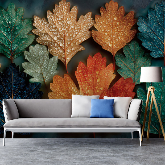 Vibrant Autumn Leaves Pattern with Dew Drops Mural | Nature Pattern Art Wallpaper
