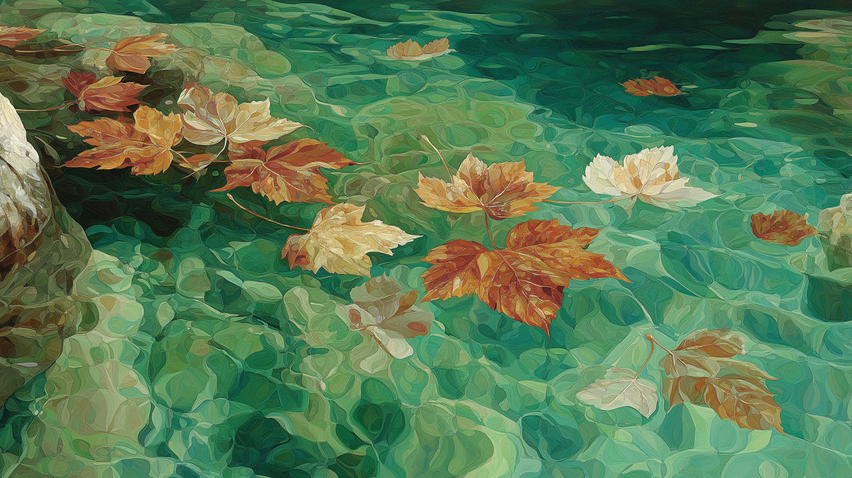 Floating Autumn Maple Leaves in Crystal Water Mural | Zen River Nature Wallpaper