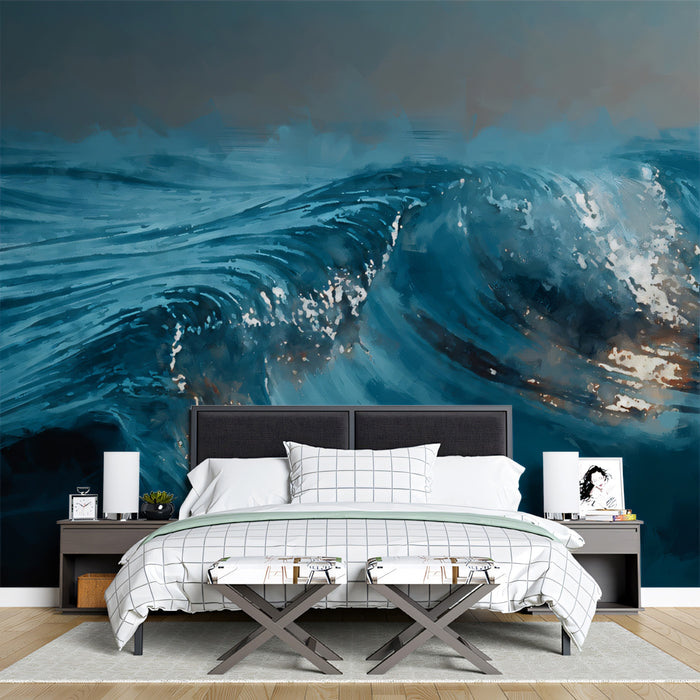 Dynamic Deep Blue Crashing Ocean Waves Mural | Abstract Impasto Marine Art