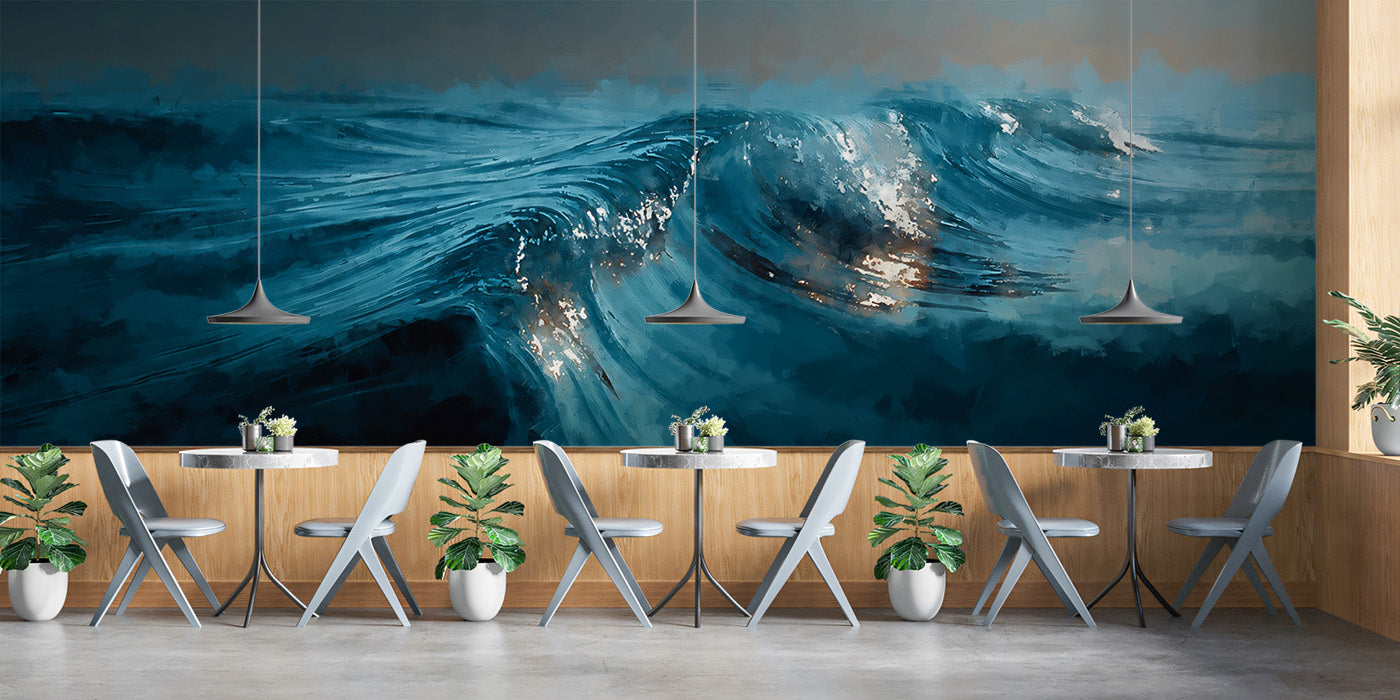 Dynamic Deep Blue Crashing Ocean Waves Mural | Abstract Impasto Marine Art